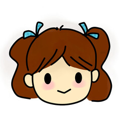 Cartoon Girl with Brown Hair and Blue Ribbons Illustration
