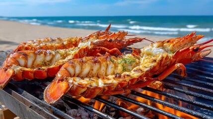 Grilled Lobster Tails on Beach - Summer BBQ Seafood Feast