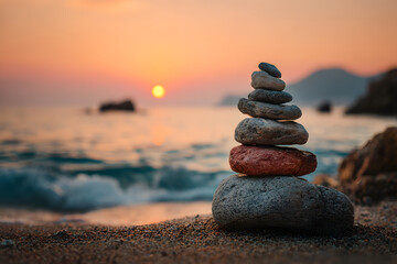 Fototapeta premium Stacked stones balanced on a beach at sunset, symbolizing peace and harmony in nature.