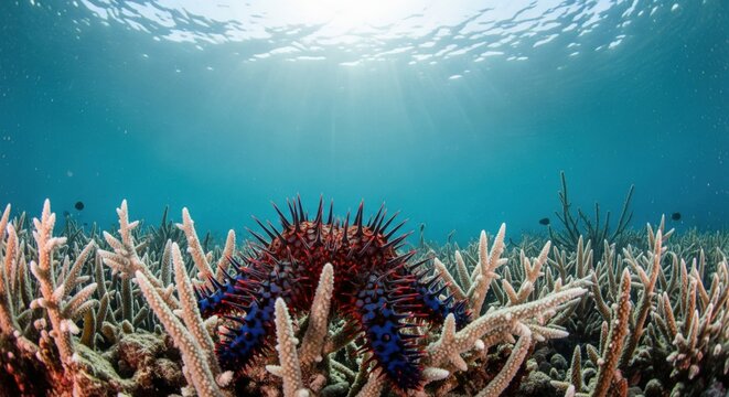 Crown of thorns starfish on coral reef