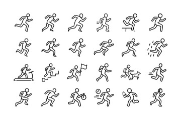 Running Human Vector Icon Set. Jogging, Running, Athlete, Exercise, Fitness, Treadmill, Marathon, Running Track, and More. Editable Stroke. Vector Illustration.