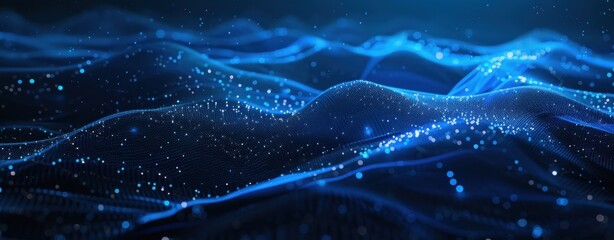Futuristic abstract glowing blue digital background with wave particles on dark backdrop, concept for technology visualization in AI, blockchain, big data and cyber security
