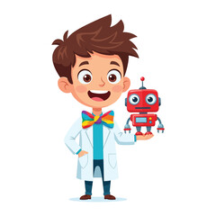 Young Inventor with Robot: A cheerful young inventor, adorned in a lab coat and a vibrant bow tie, proudly showcases a cute, miniature robot, capturing the magic of innovation.