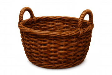 Handwoven wicker basket featuring dual handles, resting against neutral transparent backdrop