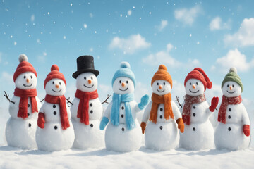 Panoramic banner with seven cheerful snowmen wearing colorful scarves and hats on snowy ground with blue sky and falling snowflakes, festive winter and Christmas holiday concept with copy space