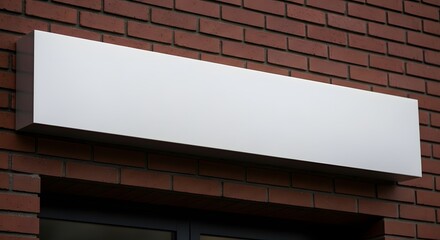 Long blank sign mockup on red brick wall above door, empty white board for business branding or advertisement
