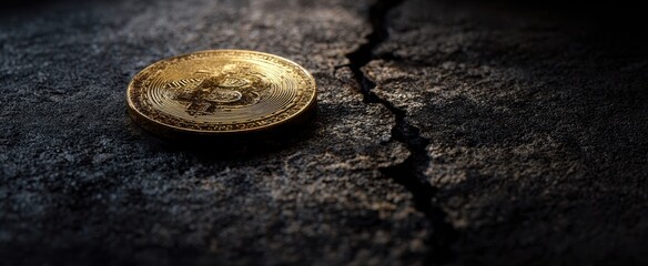The golden Bitcoin coin resting on a cracked dark surface in a dramatic setting.