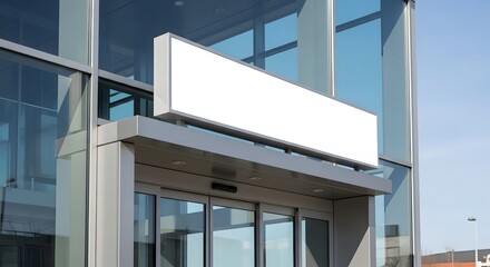 Long blank sign mockup above modern glass building entrance, empty white banner for corporate identity