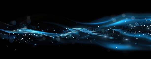Abstract futuristic wallpaper with glowing blue particle wave on black background, digital design concept for AI, big data, blockchain and cyber technology innovation