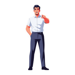Confident Man Pointing Forward: A professional man with a charming smile exudes confidence, dressed in a crisp button-down shirt and tailored trousers, gestures towards a clear direction.