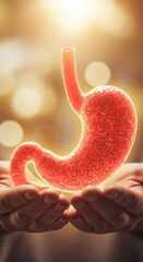 Human hands gently hold a translucent, red stomach model composed of puzzle pieces, symbolizing health, care, and the complexity of digestive system