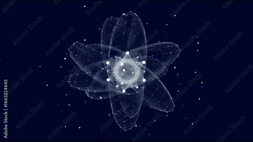 Poster dynamic representation of atomic structure with glowing particles against a dark background