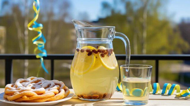 Finnish sima a traditional may day drink with funnel cake on a sunny spring balcony