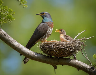 Fototapeta premium Close-up of a Cuckoo feeding its chick in a nest built on a tree branch.