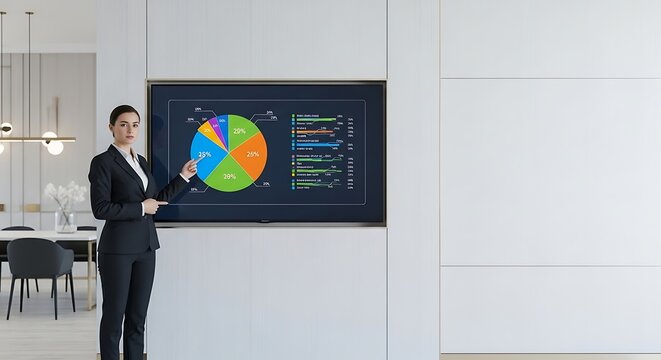 A confident businesswoman in a modern office points to a digital screen displaying a colorful data analysis pie chart.