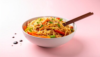 Veg Hakka noodles with julienned carrots, bell peppers