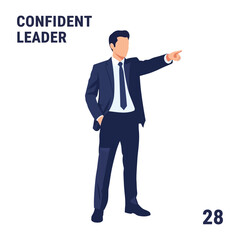 Confident Leader: A determined leader, dressed in a sharp business suit, confidently points forward, exemplifying determination and direction in a clean, illustrative style. 