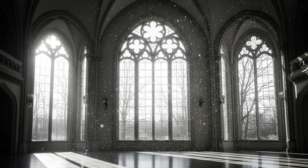 Gothic Hall with Magical Sunlight Streaming Through Arched Windows, Ethereal light in a grand Gothic castle ballroom, Majestic Gothic windows with magical sunlight in an empty hall.