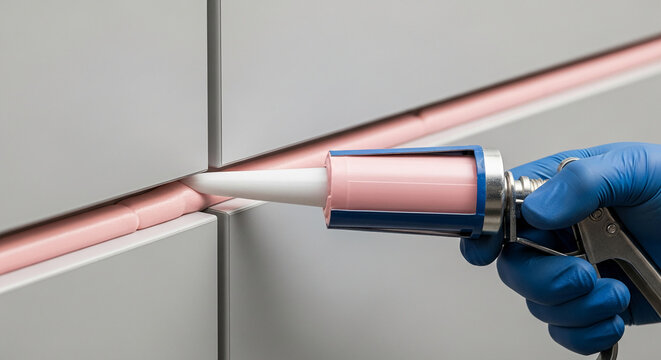 Close-up of pink sealant being applied between grey panels using a caulking gun, showcasing precise application and professional work, ideal for construction or DIY projects