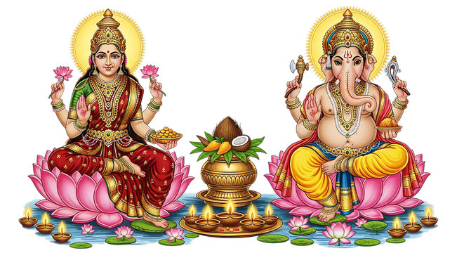 Hindu Deities Lakshmi and Ganesha Seated on Lotus Flowers with Traditional Decor