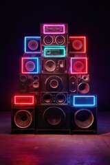 Stacked speakers illuminated with vibrant neon lights