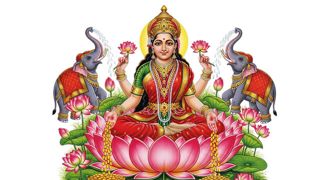 Goddess Lakshmi Seated on Lotus Surrounded by White Elephants with Water