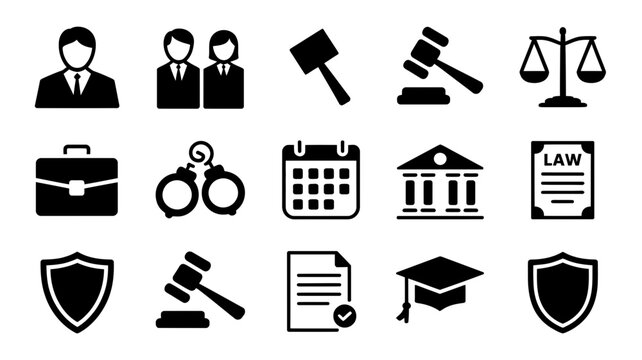 Collection of legal and justice icons silhouette isolated on white background