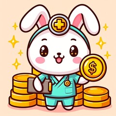 Cute rabbit nurse with gold coin cartoon vector icon illustration