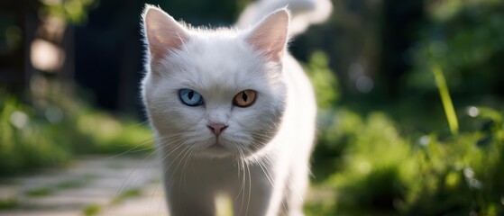 Obraz premium The captivating white cat with striking heterochromatic eyes in a garden setting.