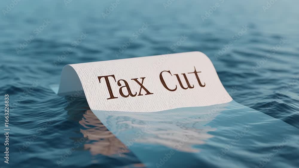 Aufkleber paper scroll with tax cut text floating on calm water surface in a scenic 3d environment