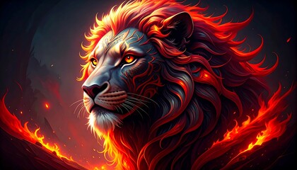 Fiery Lion digital painting, majestic creature