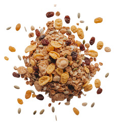 Heap of muesli with raisins, seeds, nuts, and corn flakes isolated on transparent background