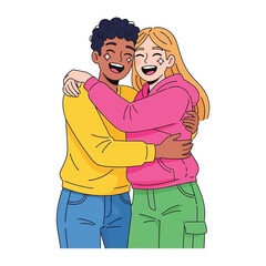 Obraz premium Joyful Embrace: An illustration of two cheerful individuals sharing a warm, affectionate hug, radiating happiness and connection, capturing the essence of companionship and love.