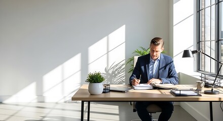 Man working at desk in bright office, writing in notebook.