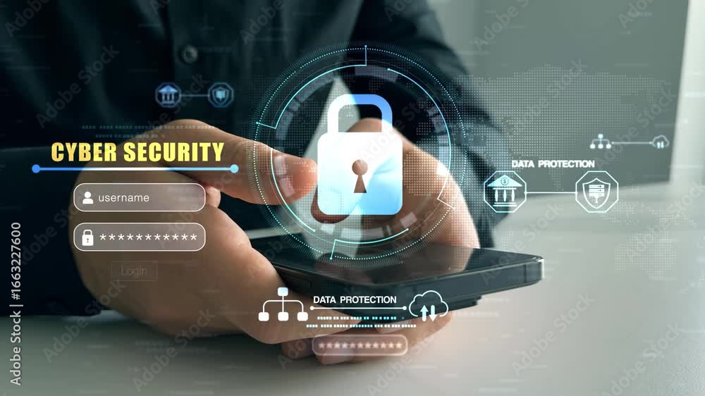Poster network security system. personal data information on smartphone.information and cyber security tech