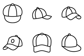Collection of six baseball cap icons in a simple outline silhouette style isolated on white background