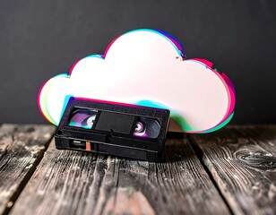 Vintage VHS tape overlaid with a cloud graphic