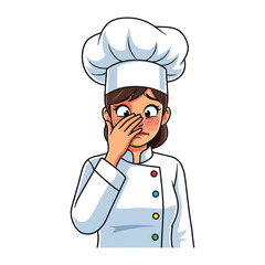 Odor Offense: A concerned chef reacts to an unpleasant smell, her expression conveying concern and a wrinkled nose, the comical illustration of culinary challenge.