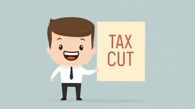 Happy Cartoon Character Holding Tax Cut Sign with Cheerful Expression in Simple Background