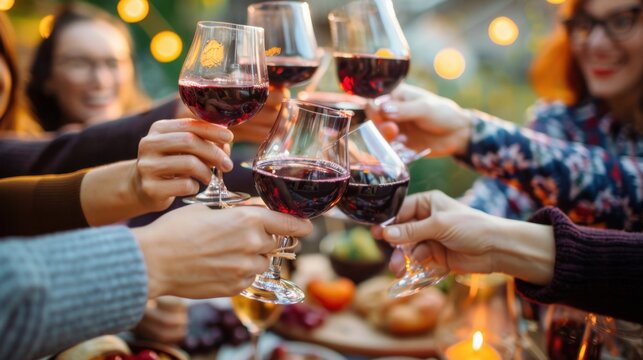 Friends enjoying autumn outdoor party with glasses of red and white wine raised in toast, close-up of hands around table full of food, fall social gathering and festive celebration concept