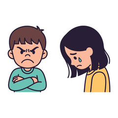 Cartoonish Disagreement: A boy with a furrowed brow and crossed arms faces a girl with teary eyes, capturing a poignant moment of childhood conflict.