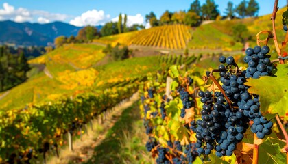 Autumn vineyard landscape with ripe grapes