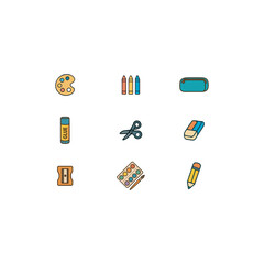Back to School Art Class Icon Set – 9 Flat Vector Icons of Pencils, Glue, Sharpener, Scissors, and Paint for Creative Education