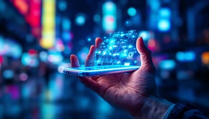Hand holding smartphone with digital network connection on city background