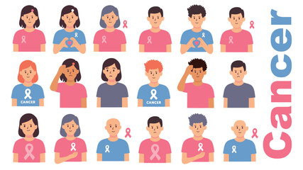 Diverse people showing pink ribbons for cancer support