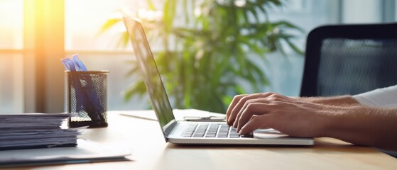 The laptop being used for productive work in a bright office environment.