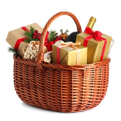 Festive wicker basket filled with gifts and treats