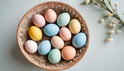 Pastel easter eggs in a woven basket with white flowers on a light blue surface