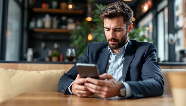 Man in suit using smartphone at table in cafe with blurred background indoors