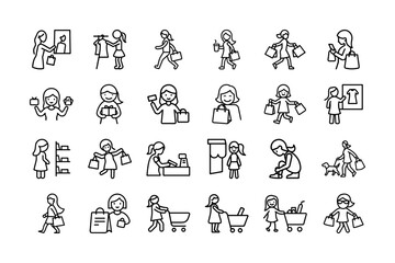 Shopping Girl Vector Icon Set. Shopping, Store, Fashion, Bags, Shopping Cart, Gift, Checkout, and More. Editable Stroke. Vector Illustration.